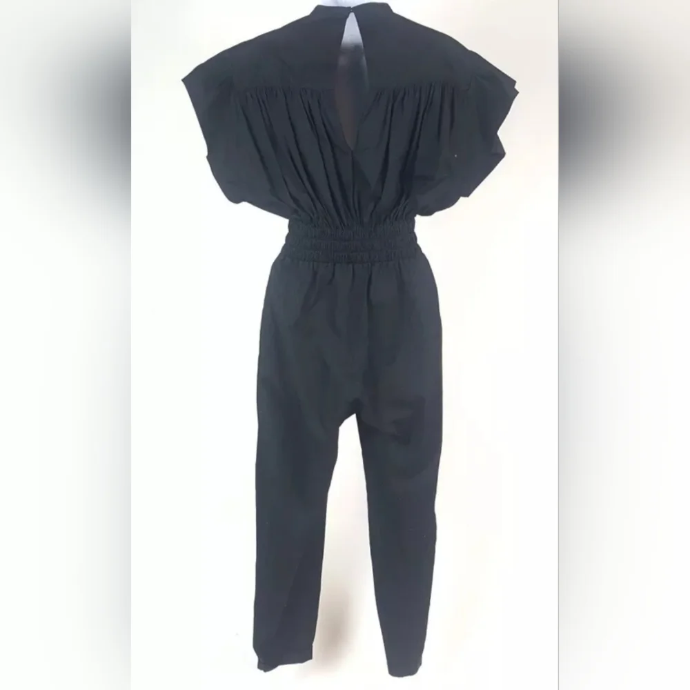 Women's IRO "Pleona" Black Flutter Sleeve V-Neck Cotton Jumpsuit Size 34 - Picture 3 of 4